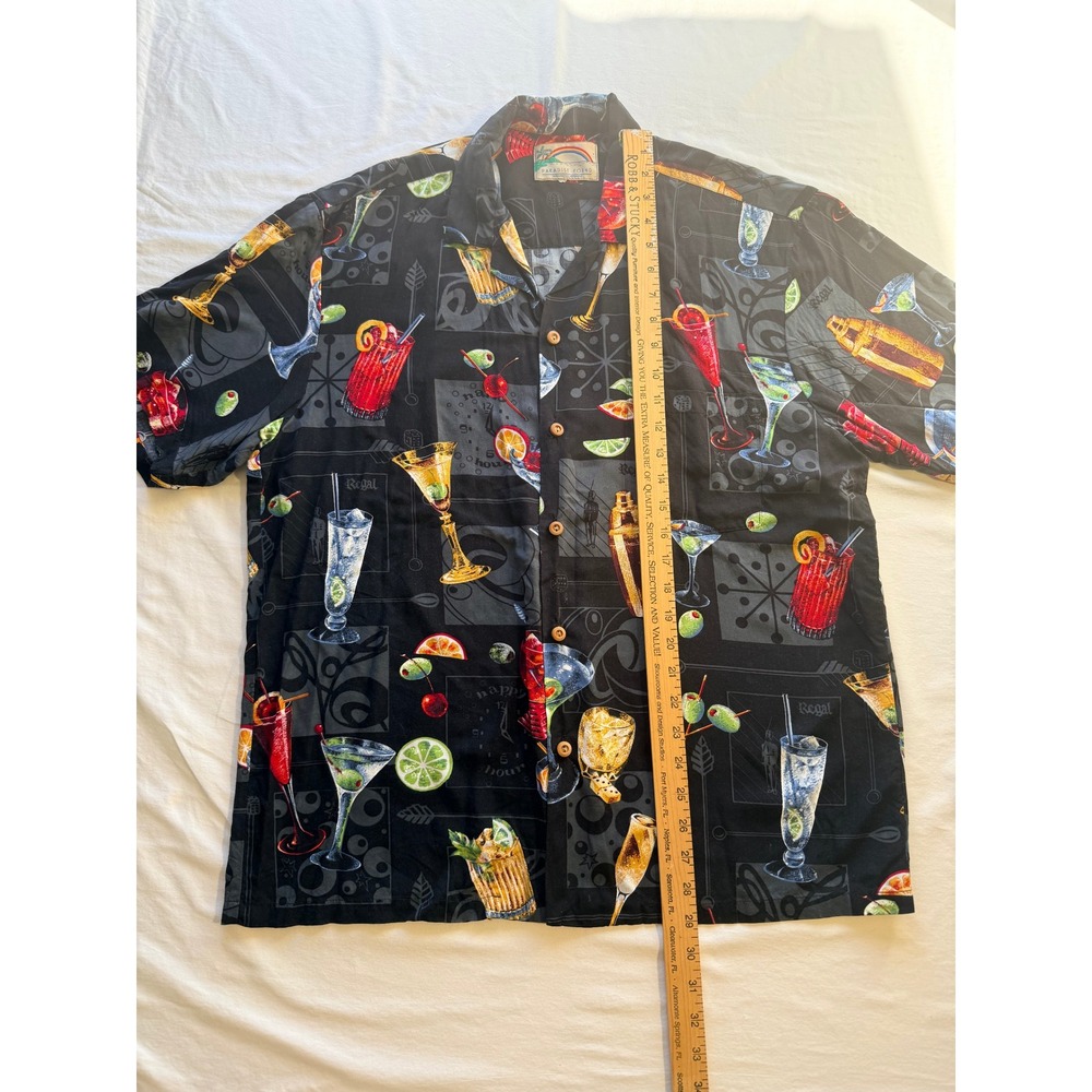 Paradise Found Honolulu Hawaii Cocktail Martini Print Hawaiian Camp Shirt Black